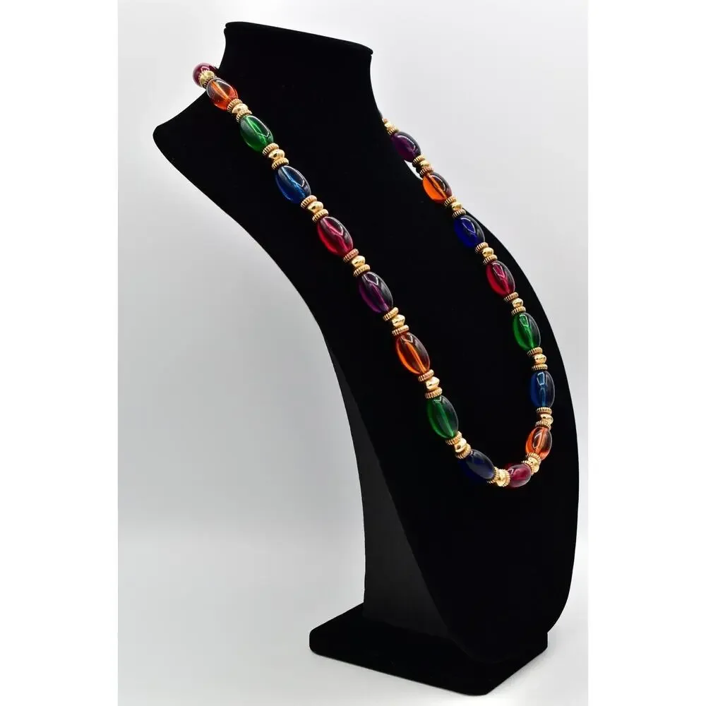Vintage Beaded Necklace Jelly Belly Thick Lucite Gold Tone Chunky 1980s Bin3B